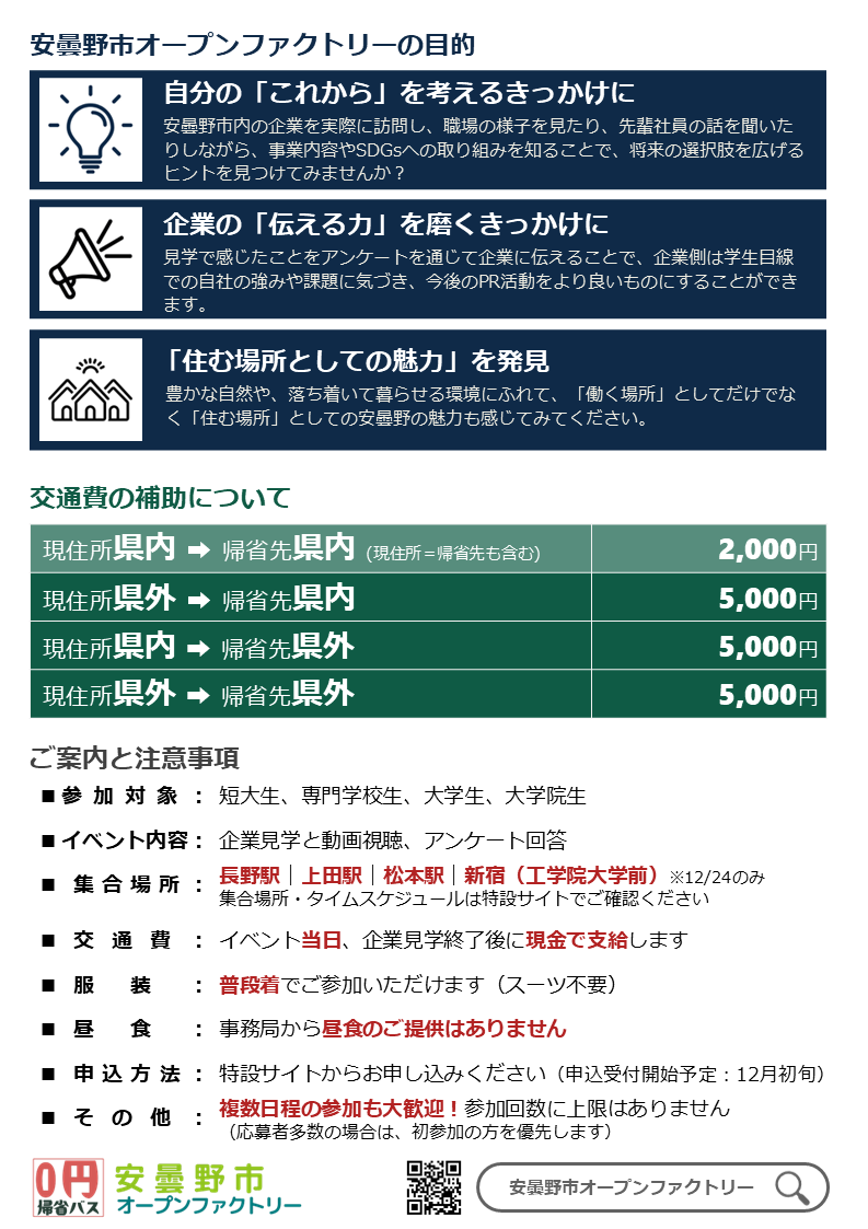 安曇野市オープンファクトリー2025冬のチラシ裏面。交通費補助の金額、参加対象、集合場所、服装などの案内を掲載。